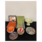 Misc. Glass Decor & Pink Depression Glass Bowl