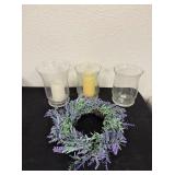 3 Glass Vases & Decorative Wreath