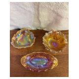 Vintage Marigold Carnival Glass Dishes x3