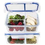 2 Pack 3 Compartment Glass Meal Prep Containers