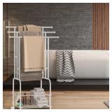 3-Tier White Metal Towel Rack with Storage Basket
