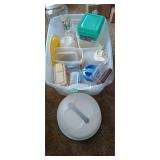 Tote of assorted plastic storage containers