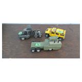 3 Toy trucks , hummer, semi, and pressed tin