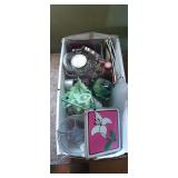 Box of assorted decor, cookie cutters, glassware
