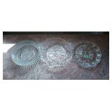 3 pieces of clear glass dishes, egg platter, candy