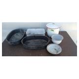 Assortment of enamel ware, pans, pot, bowls