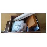Box of fabric sewing and knitting supplies,