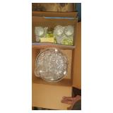 Box of pressed clear class plates and cups