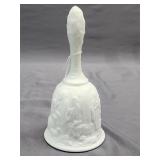 White Fenton bell with religious theme.