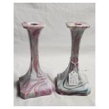 Slag Glass Candlestick Pair 8.5in Tall