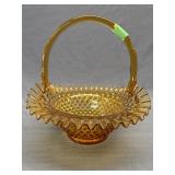 Amber Art Glass Hobnail Ruffled Edge Basket