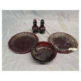 Avon Ruby Red plates, bowl, salt & pepper shakers