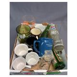 Mugs, glass bottles assortment, decanter
