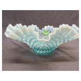 Fenton Blue Opalescent Hobnail Ruffled Bowl