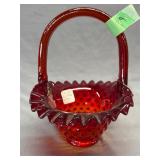 Fenton Ruby Red Hobnail Ruffled Edge Basket