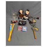 A&W glass mug, sneaker balls, fan, playing cards