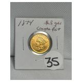 1874 $3 Gold This is Counterfeit