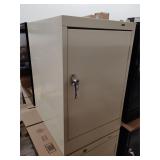 Beige locking metal storage cabinet with keys