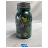 7' Blue Ball Glass Mason Jar with Assorted Buttons