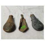Antique Black Powder Flasks 2 Metal 1Cloth