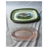 Pink Depression Glass Dish and Pheasant Platter
