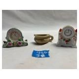 (2) Miniature Clock Figurines and 1 Mini Half Mug