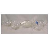 Etched depression glass creamer, mug, bowls