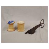 Antique candle snuffer, wooden spools 1'
