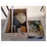Glass bottles, glassware, towels, basket, shakers