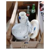 Compost bin, plates, Sprite and Coke bottles