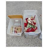 Two totes with lids and Christmas decor