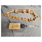 Hand carved wooden chain, Notre Dame bottle opener