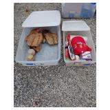 2 totes with lids, vintage baseball gloves, and