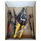 Vise grip pliers, tin snips, pliers