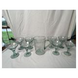 Green Glass Pitcher 7' w/Eight Margarita Glasses