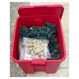 Christmas Lights, Tins, Decor in tote with Lid