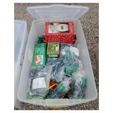 Tote with lid and Christmas lights and decorations