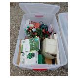Tote with lid and Christmas lights and decorations