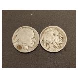 Two - Buffalo nickels one has a D mint mark
