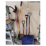 Snow shovels, broom, shovels, pitch fork