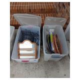 Two totes with lids with assorted decor and pans