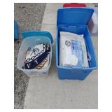 Tote with lid and pillows, blankets, linens,