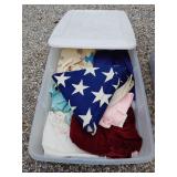 Tote with lid and folded flag, vintage clothes