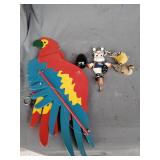 Marble egg, broncos coat hanger fake birds, wood
