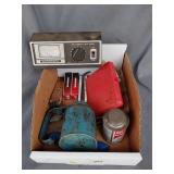 Oil can, spark plugs, drill bits,