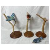(3) Painted Wood Bird Sculptures on Wood Limbs
