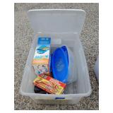 Tote with lid and games, bait bucket