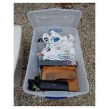 Tote with lid and shoe shine box, speaker, hangers