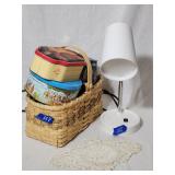 Desk Lamp, Vintage Tins, Basket, Doily