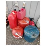 6 gas cans, 3 metal 3 plastic